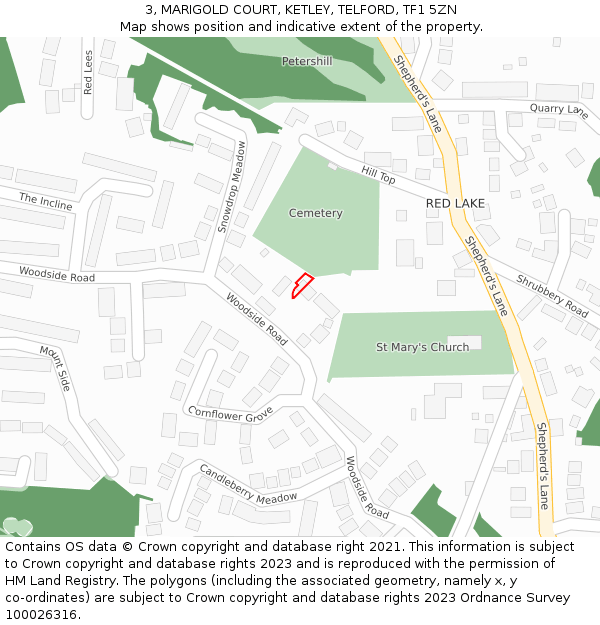 3, MARIGOLD COURT, KETLEY, TELFORD, TF1 5ZN: Location map and indicative extent of plot