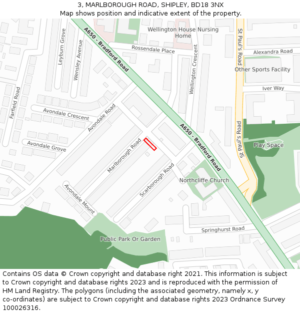 3, MARLBOROUGH ROAD, SHIPLEY, BD18 3NX: Location map and indicative extent of plot
