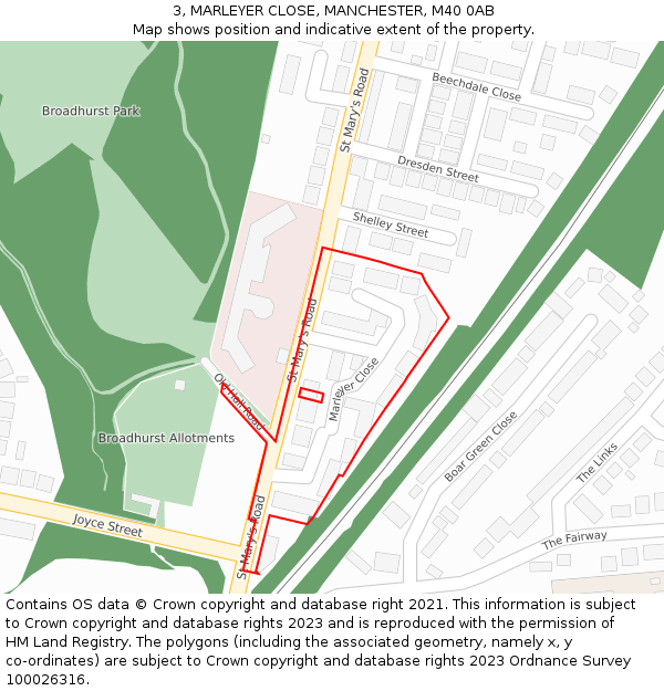 3, MARLEYER CLOSE, MANCHESTER, M40 0AB: Location map and indicative extent of plot