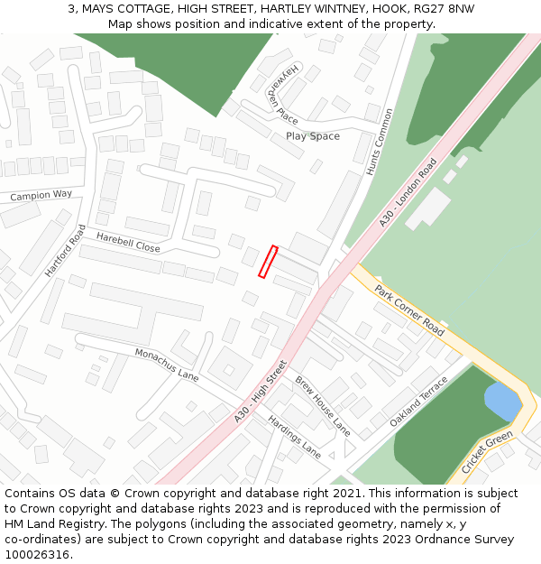 3, MAYS COTTAGE, HIGH STREET, HARTLEY WINTNEY, HOOK, RG27 8NW: Location map and indicative extent of plot