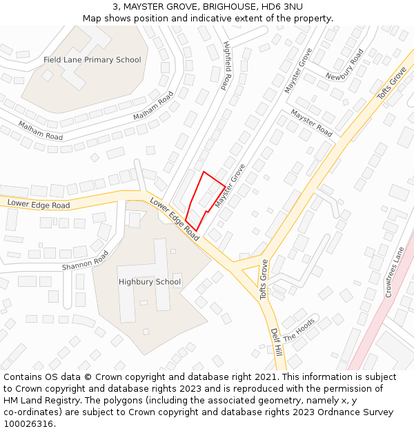 3, MAYSTER GROVE, BRIGHOUSE, HD6 3NU: Location map and indicative extent of plot