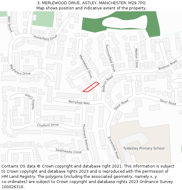 3, MERLEWOOD DRIVE, ASTLEY, MANCHESTER, M29 7PG: Location map and indicative extent of plot
