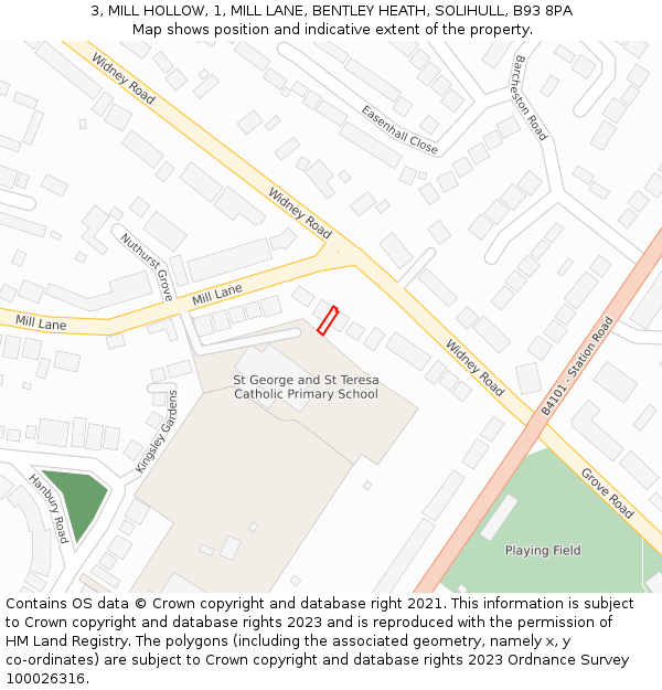 3, MILL HOLLOW, 1, MILL LANE, BENTLEY HEATH, SOLIHULL, B93 8PA: Location map and indicative extent of plot