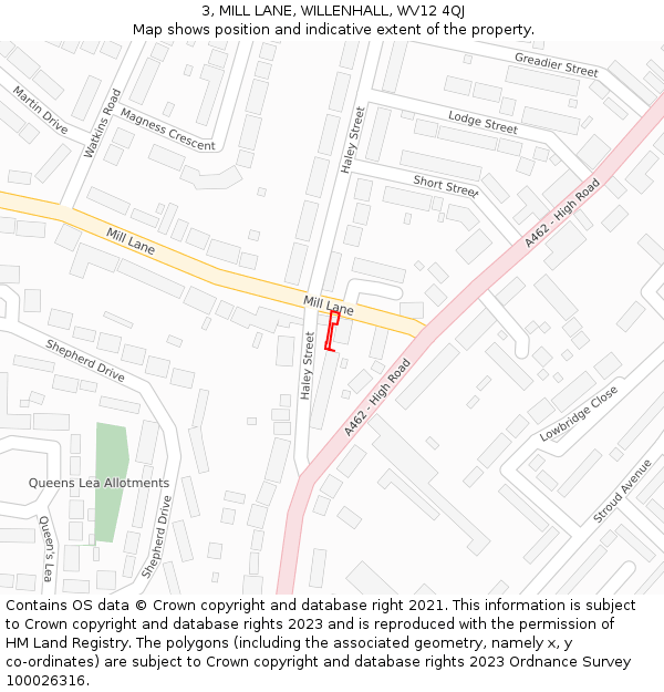 3, MILL LANE, WILLENHALL, WV12 4QJ: Location map and indicative extent of plot