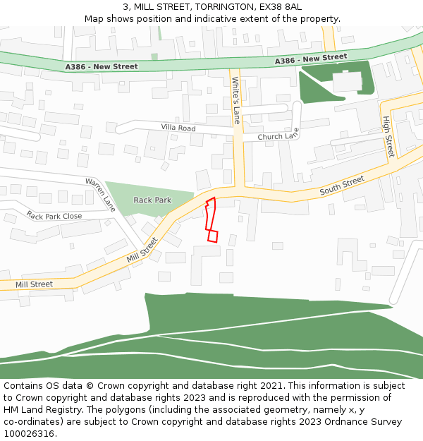 3, MILL STREET, TORRINGTON, EX38 8AL: Location map and indicative extent of plot