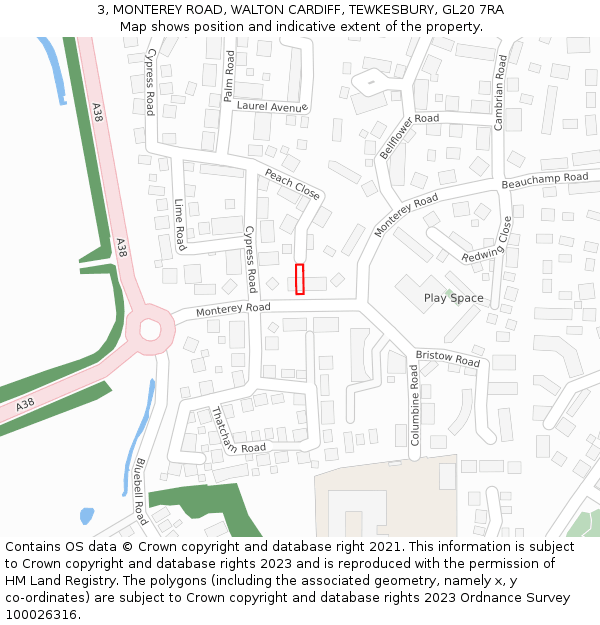 3, MONTEREY ROAD, WALTON CARDIFF, TEWKESBURY, GL20 7RA: Location map and indicative extent of plot