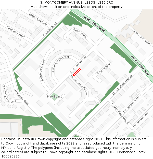 3, MONTGOMERY AVENUE, LEEDS, LS16 5RQ: Location map and indicative extent of plot