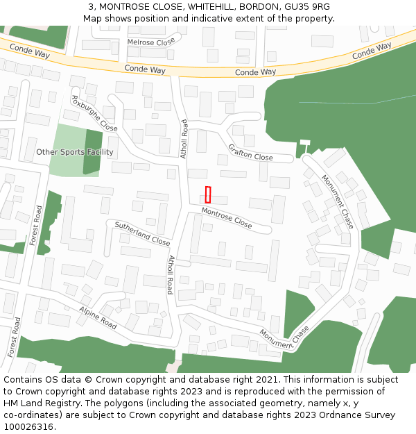 3, MONTROSE CLOSE, WHITEHILL, BORDON, GU35 9RG: Location map and indicative extent of plot