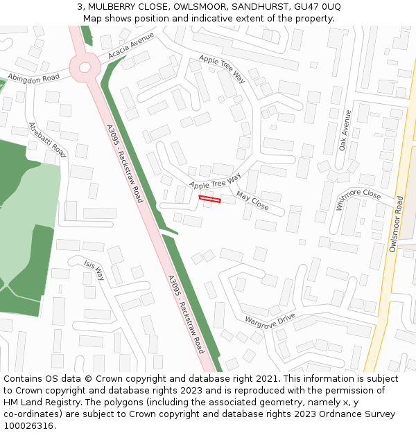 3, MULBERRY CLOSE, OWLSMOOR, SANDHURST, GU47 0UQ: Location map and indicative extent of plot