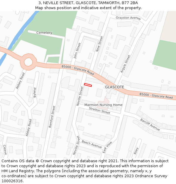 3, NEVILLE STREET, GLASCOTE, TAMWORTH, B77 2BA: Location map and indicative extent of plot