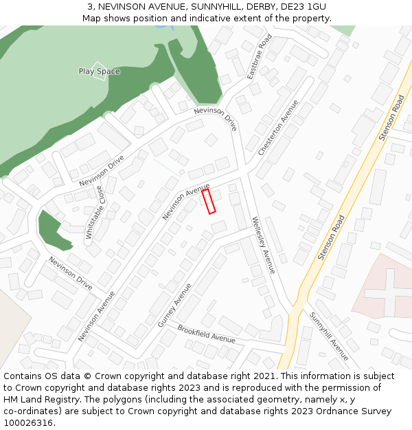 3, NEVINSON AVENUE, SUNNYHILL, DERBY, DE23 1GU: Location map and indicative extent of plot