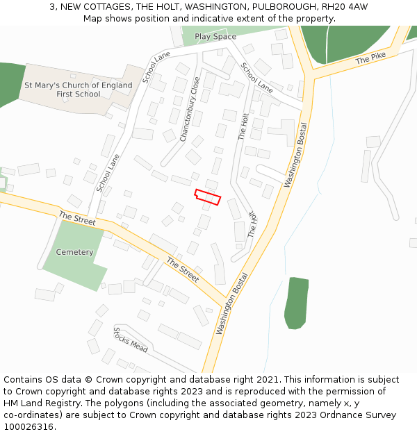 3, NEW COTTAGES, THE HOLT, WASHINGTON, PULBOROUGH, RH20 4AW: Location map and indicative extent of plot