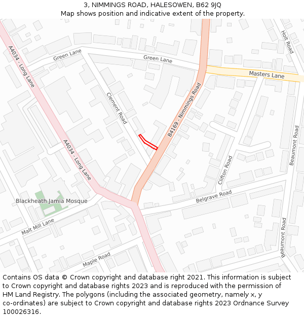 3, NIMMINGS ROAD, HALESOWEN, B62 9JQ: Location map and indicative extent of plot