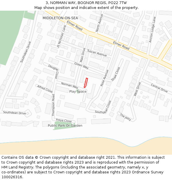 3, NORMAN WAY, BOGNOR REGIS, PO22 7TW: Location map and indicative extent of plot