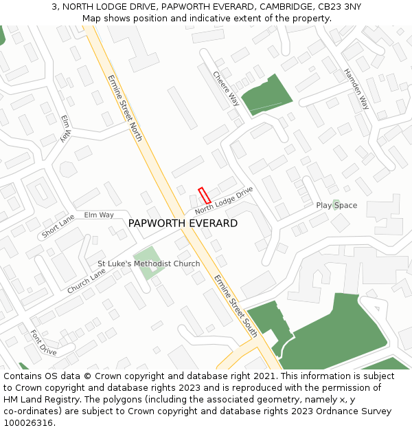 3, NORTH LODGE DRIVE, PAPWORTH EVERARD, CAMBRIDGE, CB23 3NY: Location map and indicative extent of plot