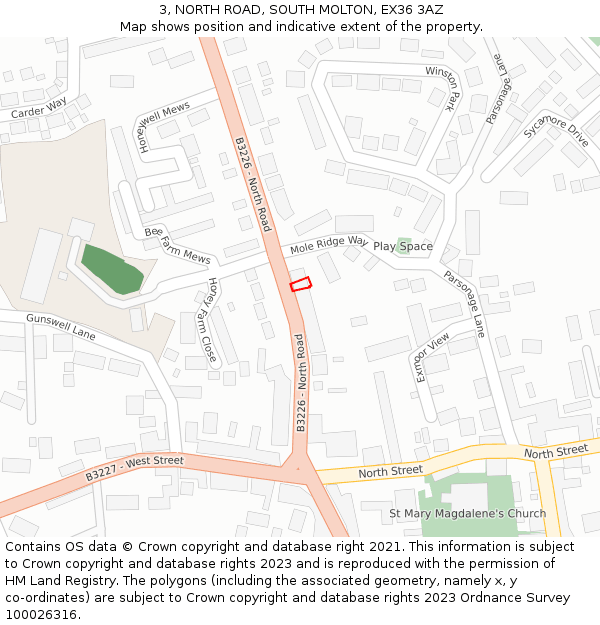 3, NORTH ROAD, SOUTH MOLTON, EX36 3AZ: Location map and indicative extent of plot