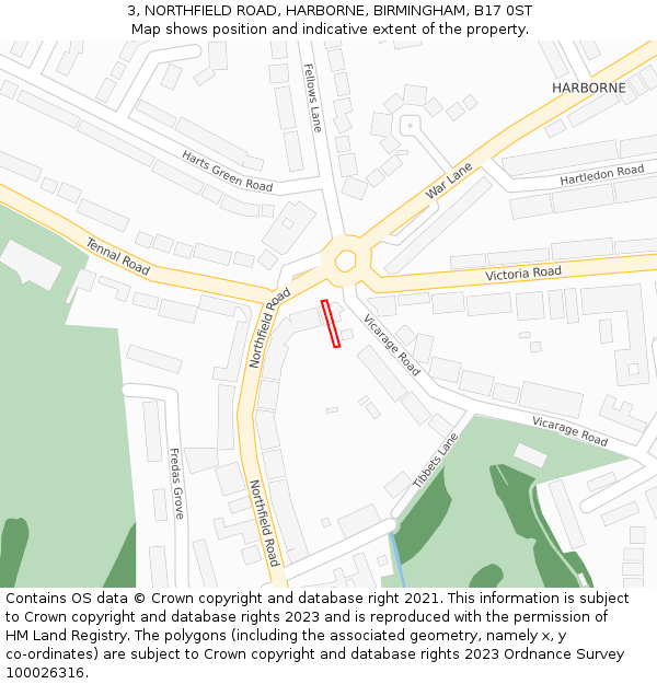 3, NORTHFIELD ROAD, HARBORNE, BIRMINGHAM, B17 0ST: Location map and indicative extent of plot