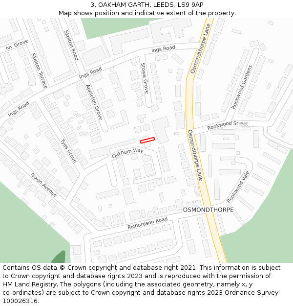 3, OAKHAM GARTH, LEEDS, LS9 9AP: Location map and indicative extent of plot