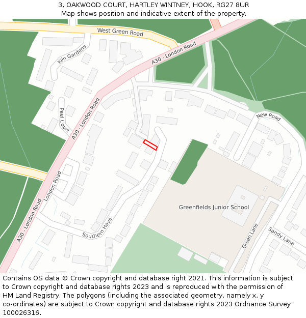 3, OAKWOOD COURT, HARTLEY WINTNEY, HOOK, RG27 8UR: Location map and indicative extent of plot