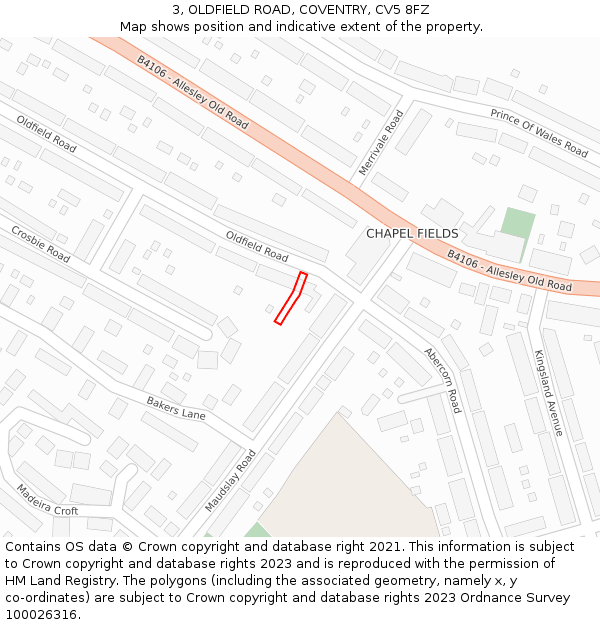 3, OLDFIELD ROAD, COVENTRY, CV5 8FZ: Location map and indicative extent of plot