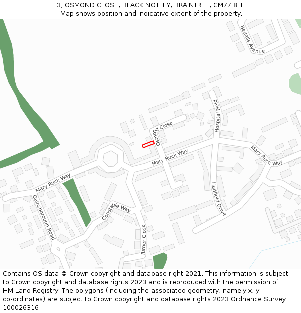 3, OSMOND CLOSE, BLACK NOTLEY, BRAINTREE, CM77 8FH: Location map and indicative extent of plot