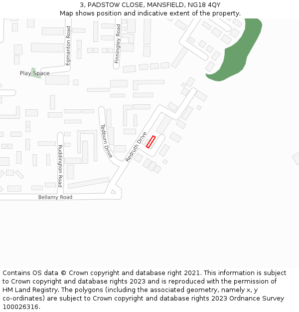 3, PADSTOW CLOSE, MANSFIELD, NG18 4QY: Location map and indicative extent of plot