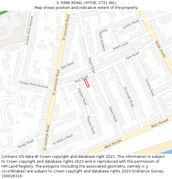 3, PARK ROAD, HYTHE, CT21 6EU: Location map and indicative extent of plot