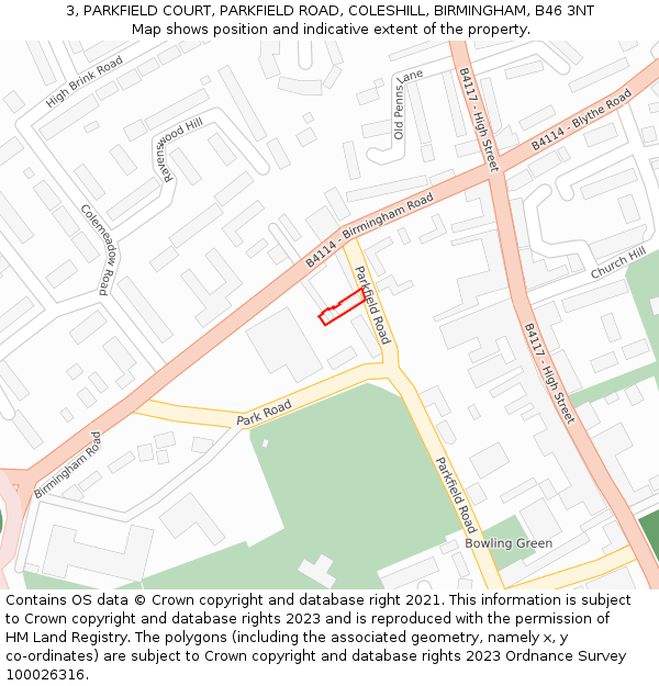3, PARKFIELD COURT, PARKFIELD ROAD, COLESHILL, BIRMINGHAM, B46 3NT: Location map and indicative extent of plot