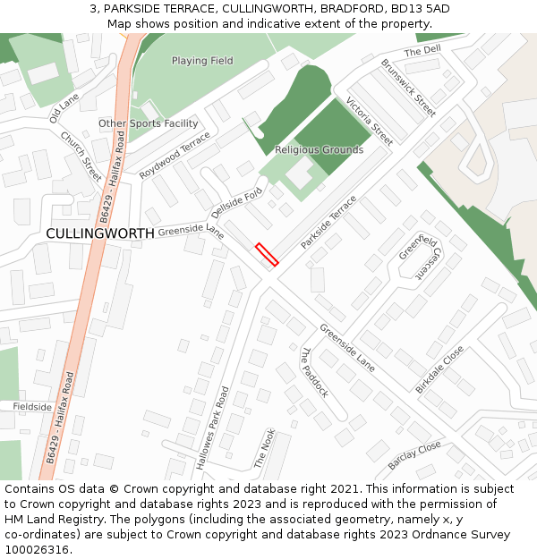 3, PARKSIDE TERRACE, CULLINGWORTH, BRADFORD, BD13 5AD: Location map and indicative extent of plot