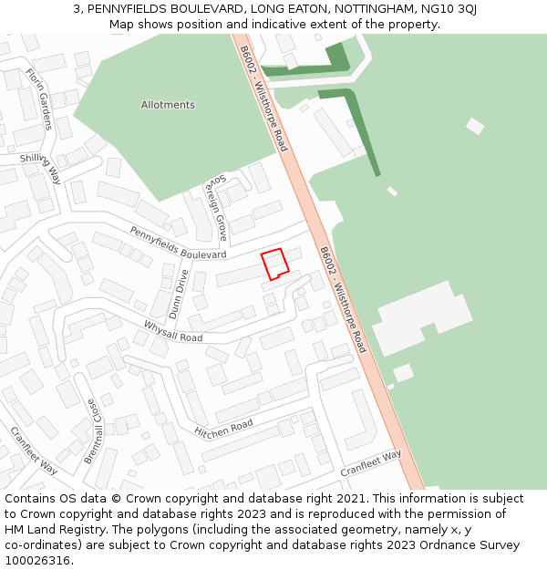 3, PENNYFIELDS BOULEVARD, LONG EATON, NOTTINGHAM, NG10 3QJ: Location map and indicative extent of plot