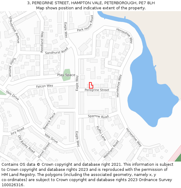 3, PEREGRINE STREET, HAMPTON VALE, PETERBOROUGH, PE7 8LH: Location map and indicative extent of plot