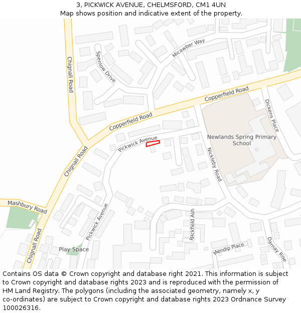 3, PICKWICK AVENUE, CHELMSFORD, CM1 4UN: Location map and indicative extent of plot