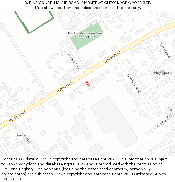 3, PINE COURT, HOLME ROAD, MARKET WEIGHTON, YORK, YO43 3GD: Location map and indicative extent of plot