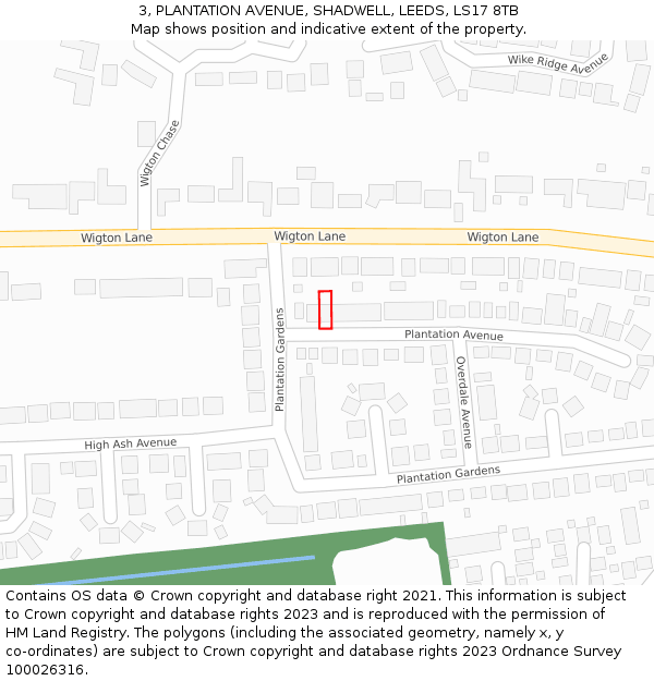3, PLANTATION AVENUE, SHADWELL, LEEDS, LS17 8TB: Location map and indicative extent of plot
