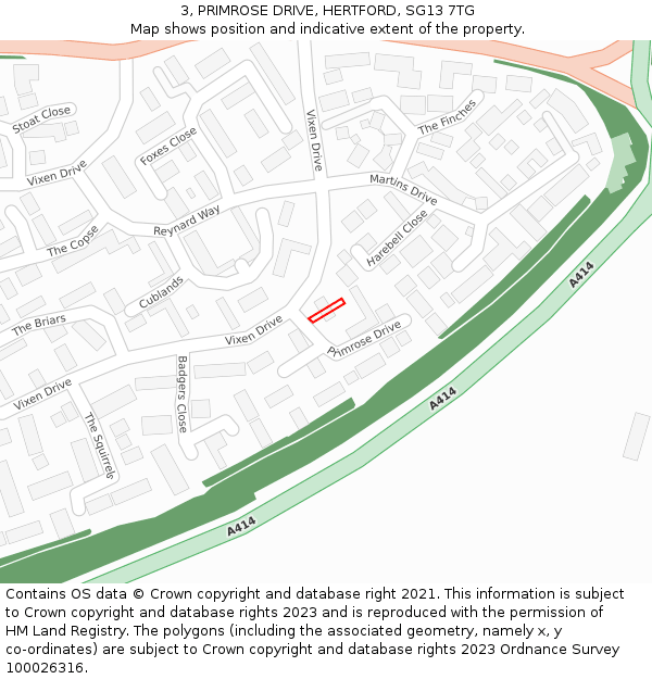 3, PRIMROSE DRIVE, HERTFORD, SG13 7TG: Location map and indicative extent of plot