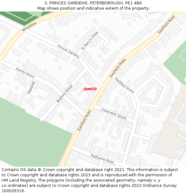 3, PRINCES GARDENS, PETERBOROUGH, PE1 4BA: Location map and indicative extent of plot