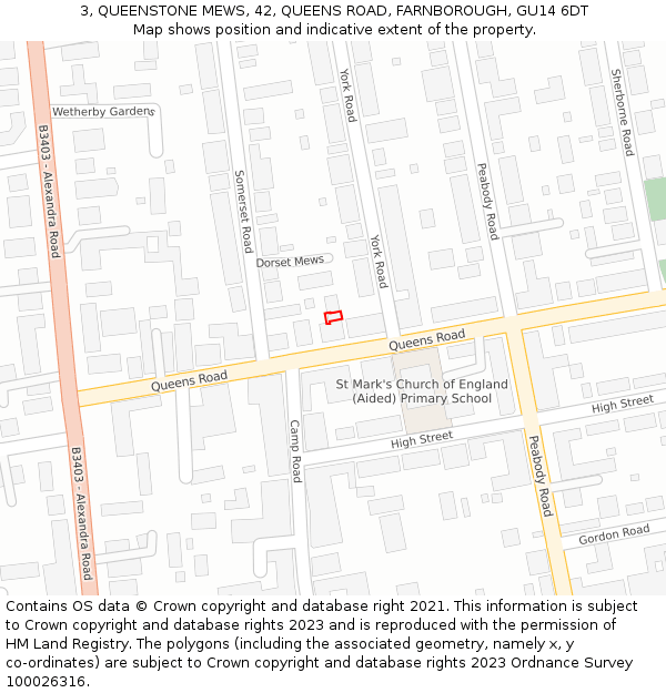 3, QUEENSTONE MEWS, 42, QUEENS ROAD, FARNBOROUGH, GU14 6DT: Location map and indicative extent of plot