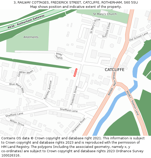 3, RAILWAY COTTAGES, FREDERICK STREET, CATCLIFFE, ROTHERHAM, S60 5SU: Location map and indicative extent of plot