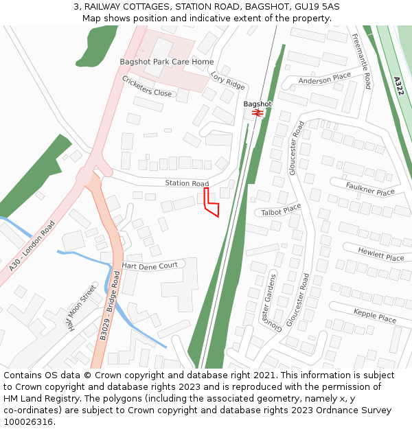 3, RAILWAY COTTAGES, STATION ROAD, BAGSHOT, GU19 5AS: Location map and indicative extent of plot