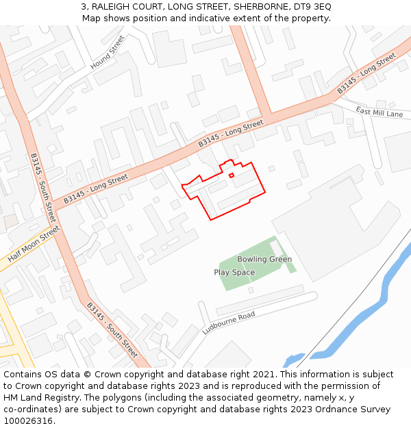 3, RALEIGH COURT, LONG STREET, SHERBORNE, DT9 3EQ: Location map and indicative extent of plot
