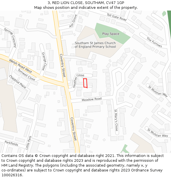 3, RED LION CLOSE, SOUTHAM, CV47 1GP: Location map and indicative extent of plot