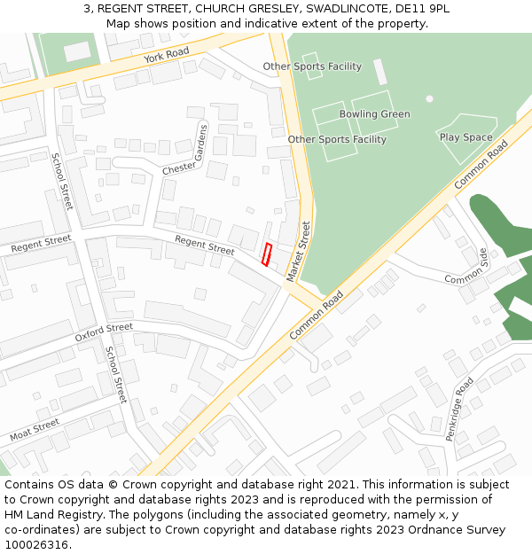 3, REGENT STREET, CHURCH GRESLEY, SWADLINCOTE, DE11 9PL: Location map and indicative extent of plot