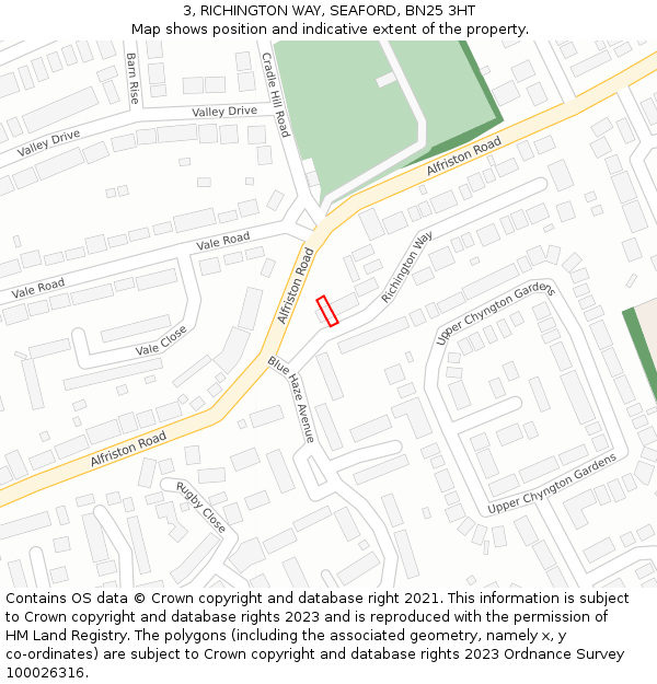 3, RICHINGTON WAY, SEAFORD, BN25 3HT: Location map and indicative extent of plot