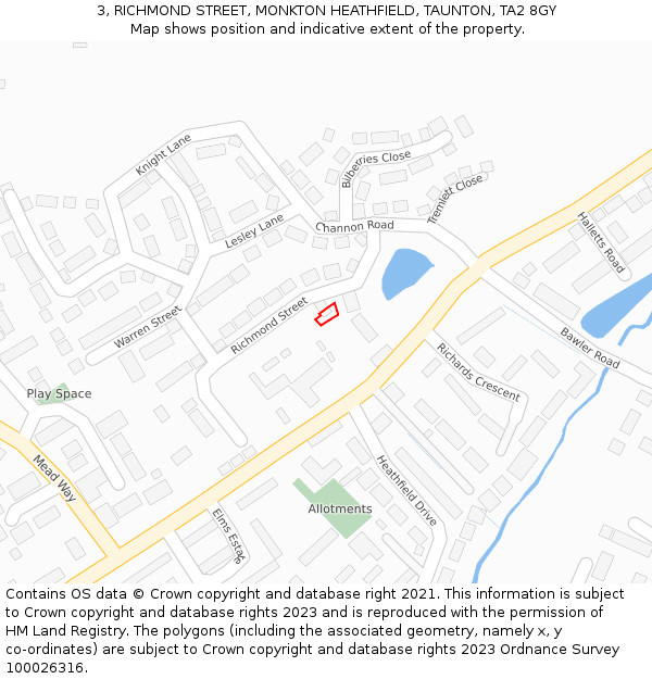 3, RICHMOND STREET, MONKTON HEATHFIELD, TAUNTON, TA2 8GY: Location map and indicative extent of plot