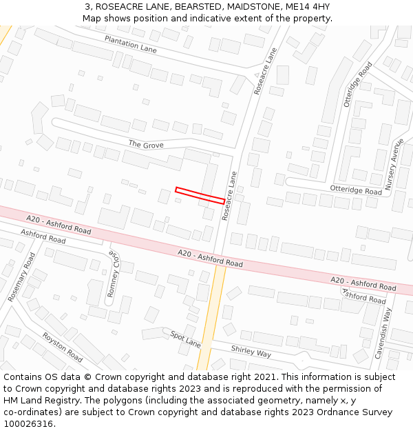 3, ROSEACRE LANE, BEARSTED, MAIDSTONE, ME14 4HY: Location map and indicative extent of plot