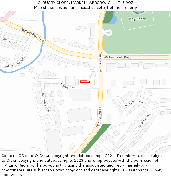 3, RUGBY CLOSE, MARKET HARBOROUGH, LE16 9QZ: Location map and indicative extent of plot