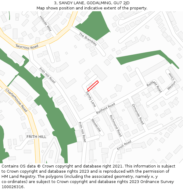3, SANDY LANE, GODALMING, GU7 2JD: Location map and indicative extent of plot