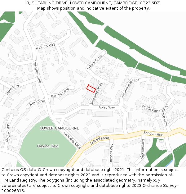 3, SHEARLING DRIVE, LOWER CAMBOURNE, CAMBRIDGE, CB23 6BZ: Location map and indicative extent of plot