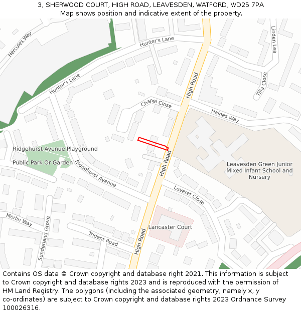 3, SHERWOOD COURT, HIGH ROAD, LEAVESDEN, WATFORD, WD25 7PA: Location map and indicative extent of plot