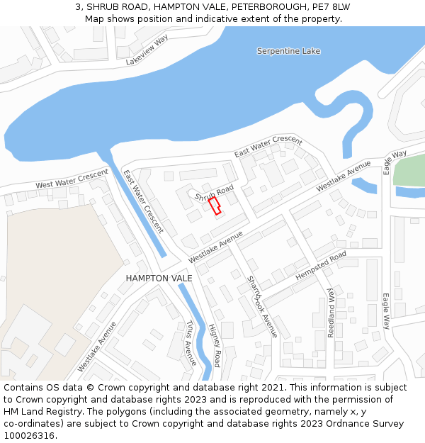 3, SHRUB ROAD, HAMPTON VALE, PETERBOROUGH, PE7 8LW: Location map and indicative extent of plot